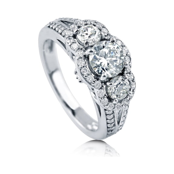 BERRICLE Sterling Silver 3-Stone Wedding Engagement Rings Round Cubic Zirconia CZ Split Shank Ring for Women, Rhodium Plated Size 7.5