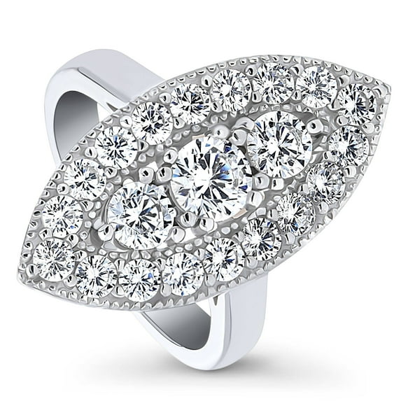 BERRICLE Sterling Silver 3-Stone Wedding Engagement Rings 0.45 Carat Round Cut Cubic Zirconia CZ Statement Navette Cocktail Ring for Women, Rhodium Plated Size 6.5