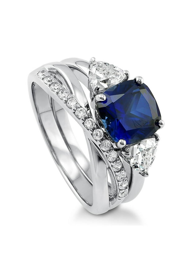 Sterling Silver 3-Stone Wedding Engagement Rings 3 Carat Simulated Blue Sapphire Cushion Cut Cubic Zirconia CZ Infinity Ring Set for Women, Rhodium Plated Size 10