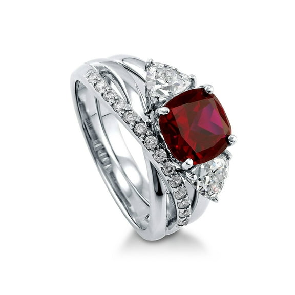 BERRICLE Sterling Silver 3-Stone Wedding Engagement Rings 3 Carat Simulated Ruby Cushion Cut Cubic Zirconia CZ Infinity Ring Set for Women, Rhodium Plated Size 6