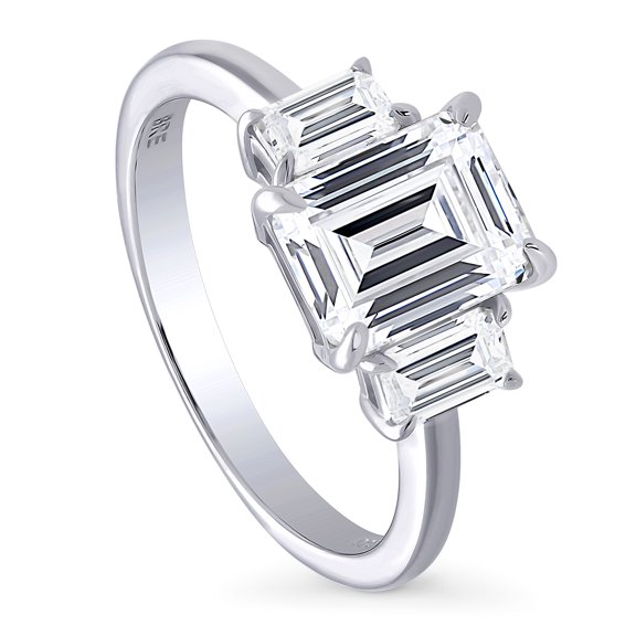 BERRICLE Sterling Silver 3-Stone Wedding Engagement Rings 2.1 Carat Step Emerald Cut Cubic Zirconia CZ Promise Ring for Women, Rhodium Plated Size 5