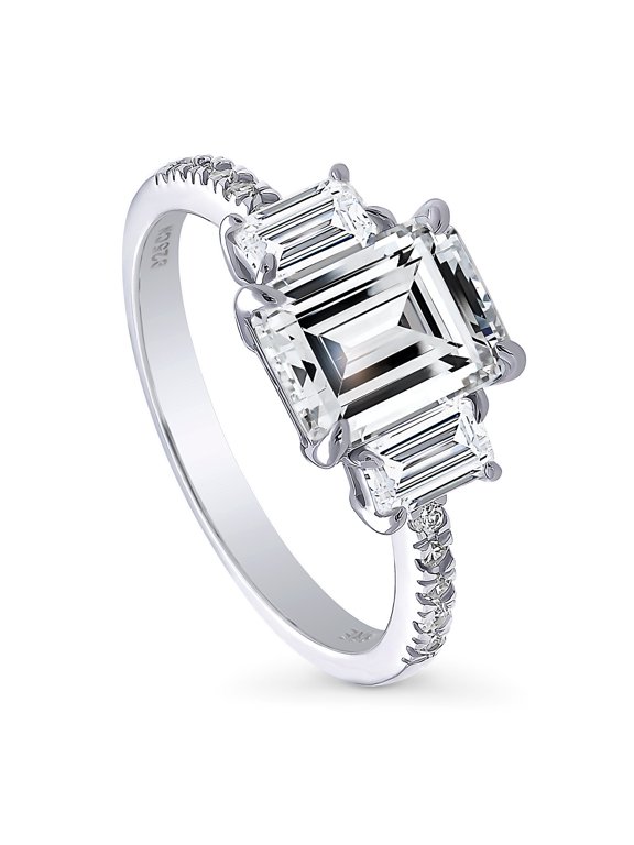 Sterling Silver 3-Stone Wedding Engagement Rings 2.1 Carat Step Emerald Cut Cubic Zirconia CZ Promise Ring for Women, Rhodium Plated Size 8