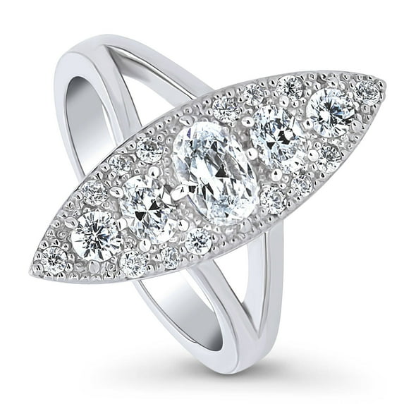 BERRICLE Sterling Silver 5-Stone Cubic Zirconia CZ Statement Navette Cocktail Fashion Split Shank Ring for Women, Rhodium Plated Size 4.5