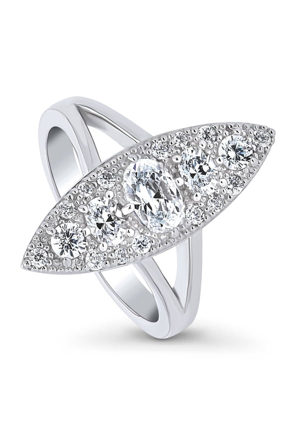 Sterling Silver 5-Stone Cubic Zirconia CZ Statement Navette Cocktail Fashion Split Shank Ring for Women, Rhodium Plated Size 4