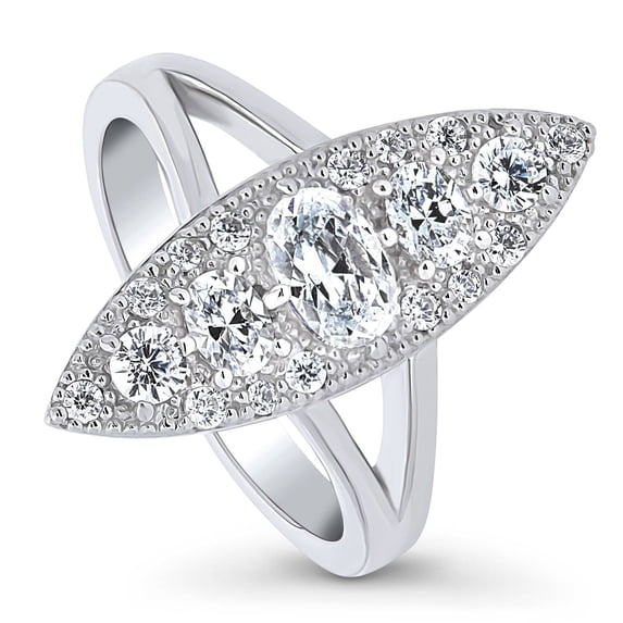 BERRICLE Sterling Silver 5-Stone Cubic Zirconia CZ Statement Navette Cocktail Fashion Split Shank Ring for Women, Rhodium Plated Size 7