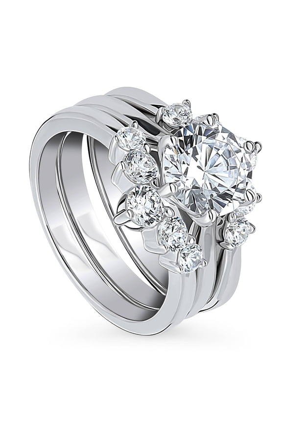 Sterling Silver Solitaire 5-Stone Wishbone Engagement Rings Statement Stackable Band for Women, 2 Carat Round Cut Cubic Zirconia CZ Ring Set Size 9