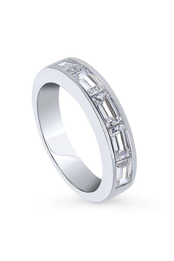 Sterling Silver 5-Stone Wedding Rings Channel Set Emerald Cut Cubic Zirconia CZ Anniversary Half Eternity Ring for Unisex, Rhodium Plated Size 9