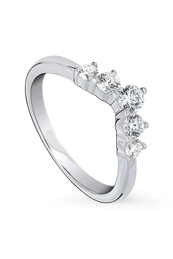 Sterling Silver 5-Stone Wedding Rings Cubic Zirconia CZ Wishbone Curved Band for Women, Rhodium Plated Size 4