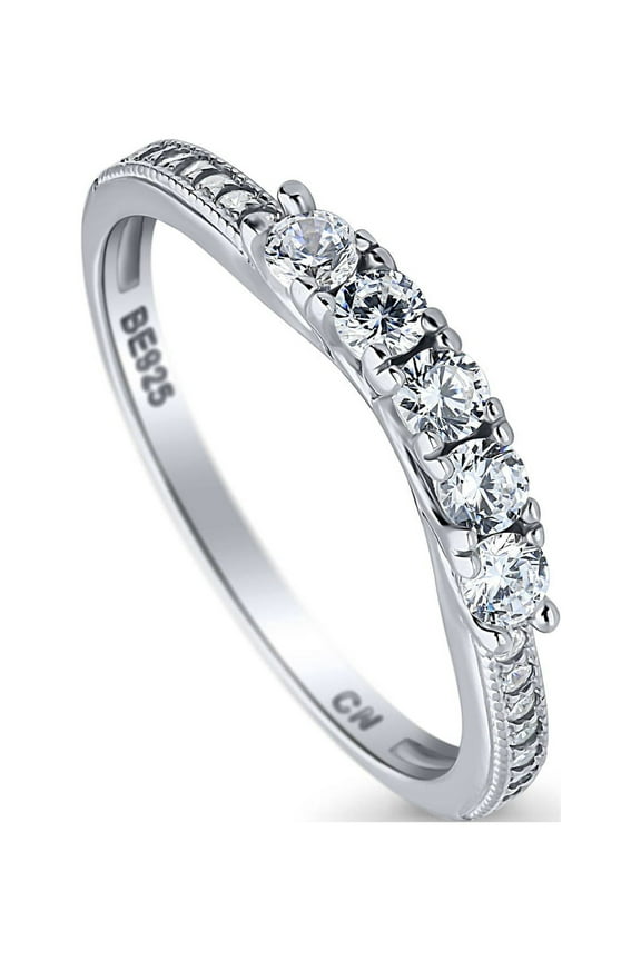 Sterling Silver 5-Stone Wedding Rings Round Cut Cubic Zirconia CZ Anniversary Curved Half Eternity Ring for Women, Rhodium Plated Size 4