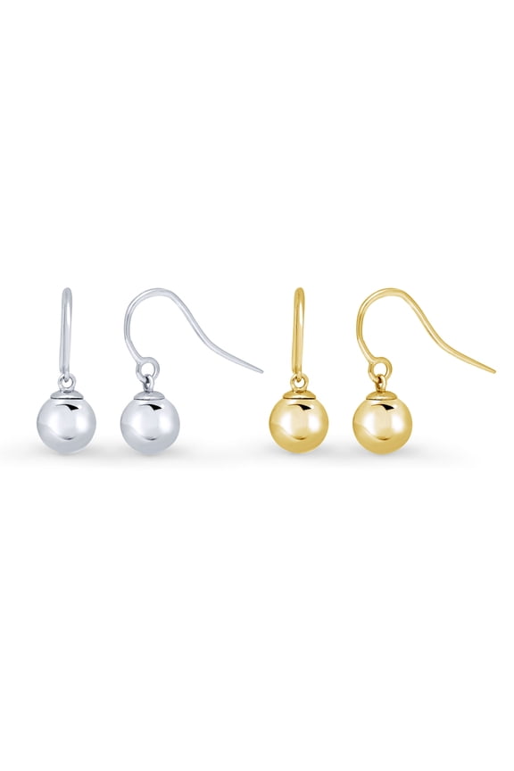 Sterling Silver Ball Bead Fashion Dangle Drop Earrings for Women, Rhodium Plated and Yellow Gold Flashed, 2 Pairs