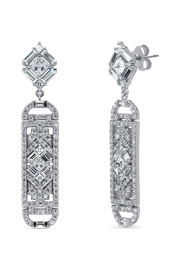 Sterling Silver Bar Cubic Zirconia CZ Vintage Inspired Art Deco Dangle Drop Earrings for Women, Rhodium Plated