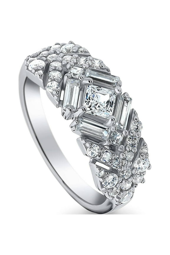 Sterling Silver Bar Cubic Zirconia CZ Vintage Inspired Art Deco Fashion Ring for Women, Rhodium Plated Size 6.5