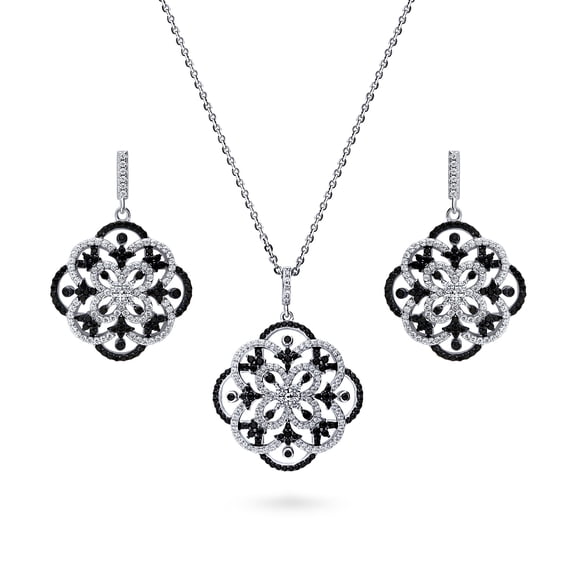 BERRICLE Sterling Silver Flower Cubic Zirconia CZ Black and White Fashion Necklace and Earrings Set for Women, Rhodium Plated
