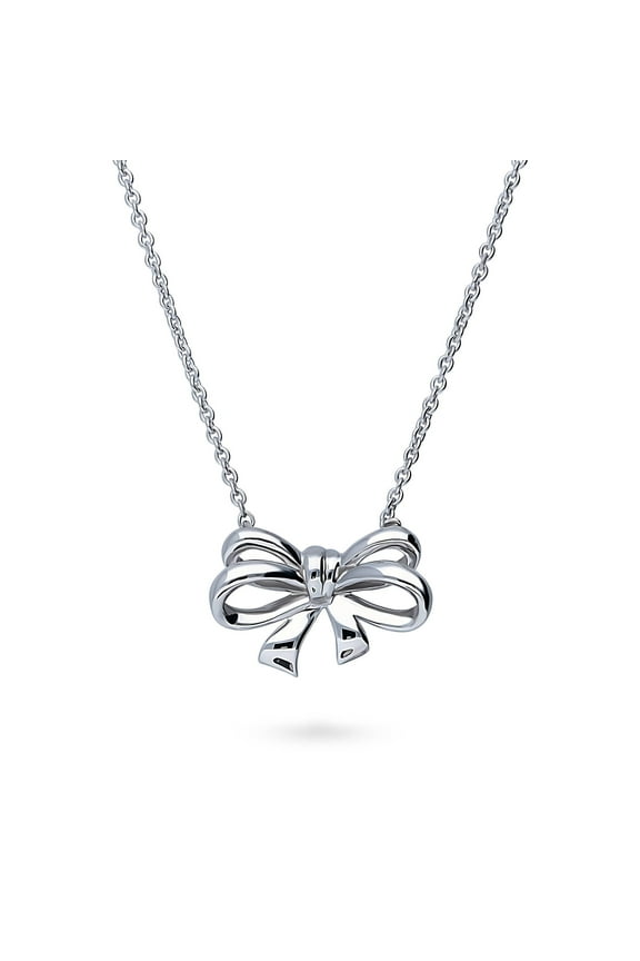 Sterling Silver Bow Tie Ribbon Mini Fashion Pendant Necklace for Women, Rhodium Plated 16 inch