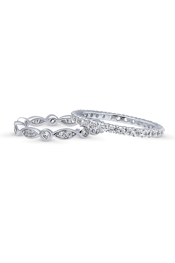 Sterling Silver Bubble Wedding Rings Bezel Set Round Cut Cubic Zirconia CZ Eternity Ring Set for Women, Rhodium Plated Size 5