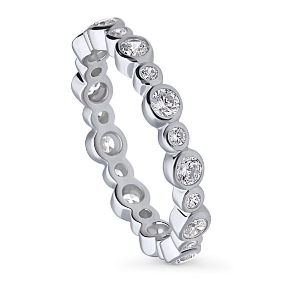 BERRICLE Sterling Silver Bubble Wedding Rings Bezel Set Round Cut Cubic Zirconia CZ Anniversary Eternity Ring for Women, Rhodium Plated Size 6.5