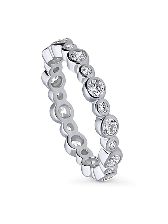 Sterling Silver Bubble Wedding Rings Bezel Set Round Cut Cubic Zirconia CZ Anniversary Eternity Ring for Women, Rhodium Plated Size 8