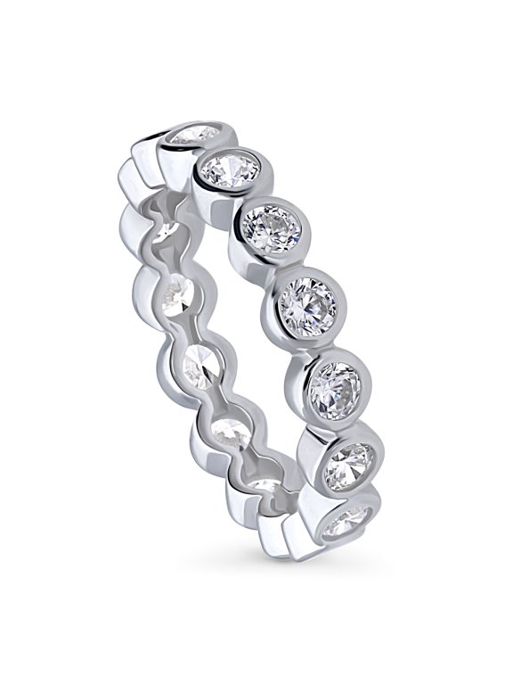 Sterling Silver Bubble Wedding Rings Bezel Set Round Cut Cubic Zirconia CZ Anniversary Eternity Ring for Women, Rhodium Plated Size 9.5