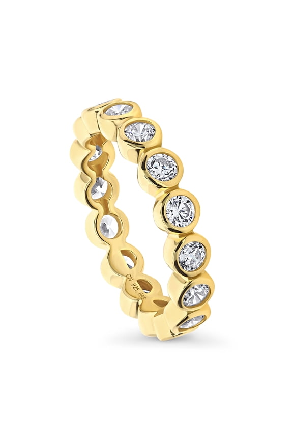 Sterling Silver Bubble Wedding Rings Bezel Set Round Cut Cubic Zirconia CZ Anniversary Eternity Ring for Women, Yellow Gold Flashed Size 6.5