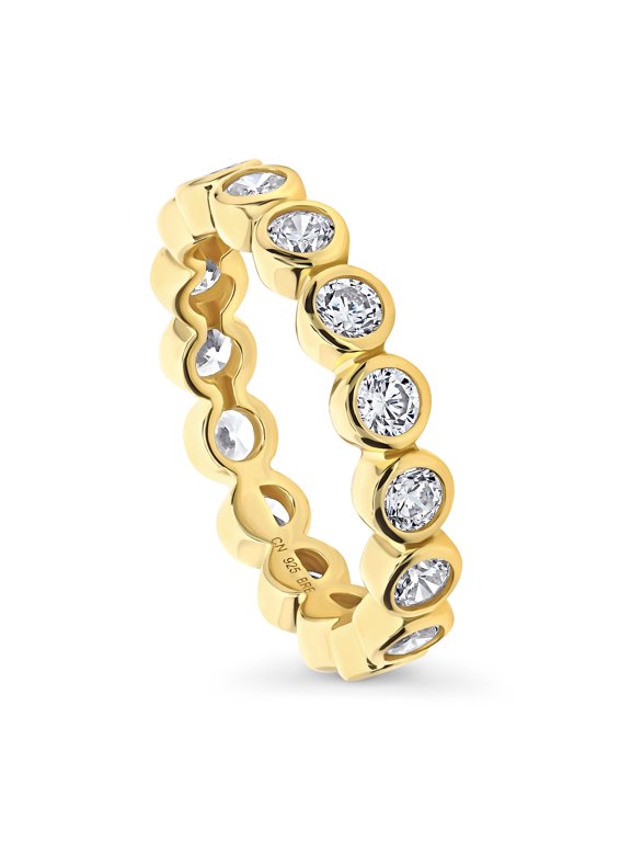 Sterling Silver Bubble Wedding Rings Bezel Set Round Cut Cubic Zirconia CZ Anniversary Eternity Ring for Women, Yellow Gold Flashed Size 6