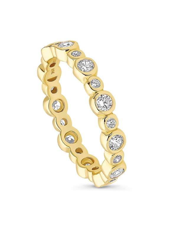 Sterling Silver Bubble Wedding Rings Bezel Set Round Cut Cubic Zirconia CZ Anniversary Eternity Ring for Women, Yellow Gold Flashed Size 9