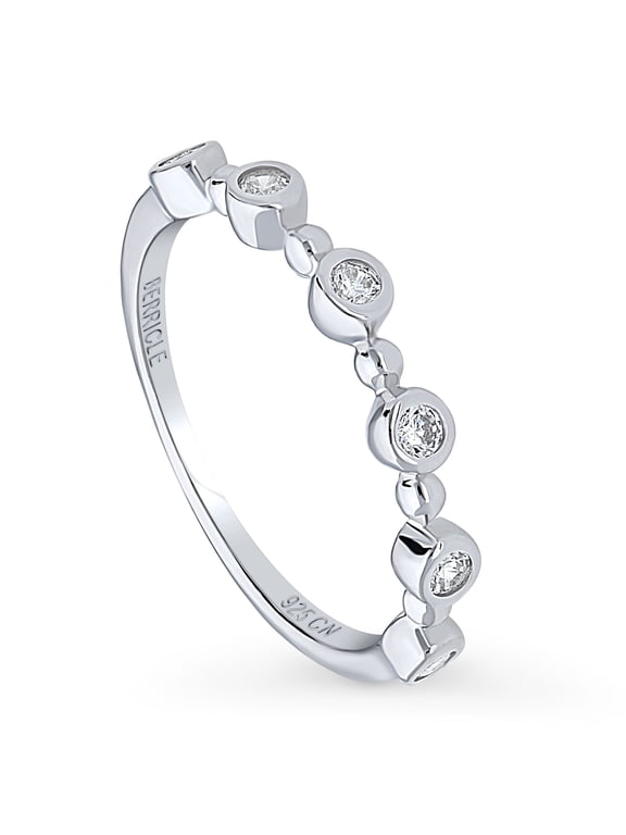 Sterling Silver Bubble Wedding Rings Bezel Set Round Cut Cubic Zirconia CZ Bead Anniversary Half Eternity Ring for Women, Rhodium Plated Size 4