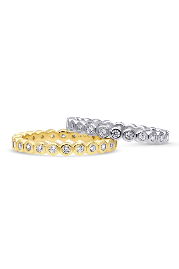 Sterling Silver Bubble Wedding Rings Bezel Set Round Cut Cubic Zirconia CZ Eternity Ring Set for Women, Rhodium Plated and Yellow Gold Flashed Size 5