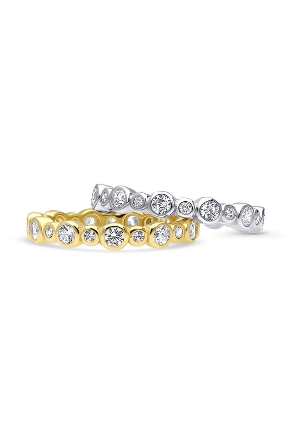 Sterling Silver Bubble Wedding Rings Bezel Set Round Cut Cubic Zirconia CZ Eternity Ring Set for Women, Rhodium Plated and Yellow Gold Flashed Size 5