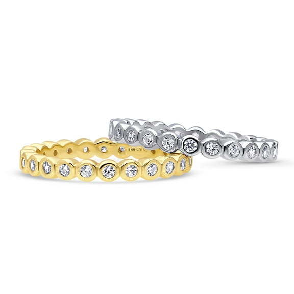 BERRICLE Sterling Silver Bubble Wedding Rings Bezel Set Round Cut Cubic Zirconia CZ Eternity Ring Set for Women, Rhodium Plated and Yellow Gold Flashed Size 6