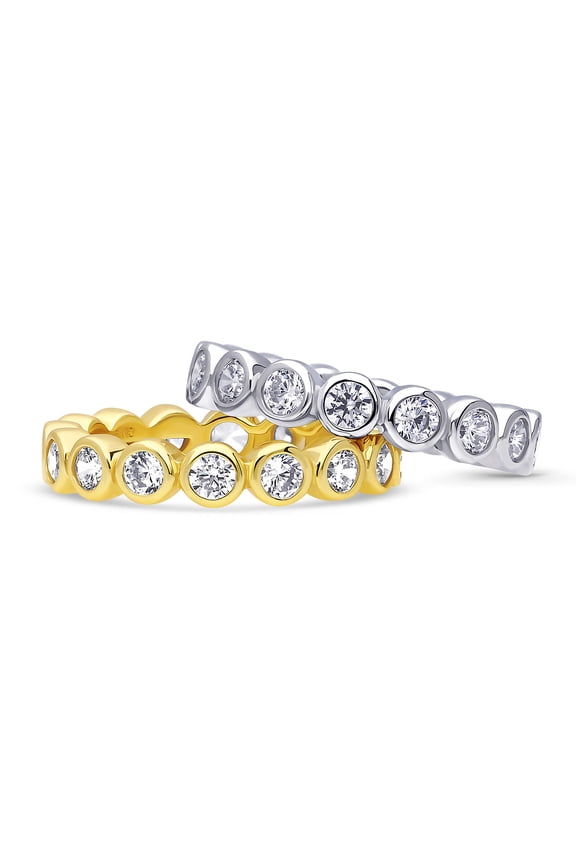 Sterling Silver Bubble Wedding Rings Bezel Set Round Cut Cubic Zirconia CZ Eternity Ring Set for Women, Rhodium Plated and Yellow Gold Flashed Size 9