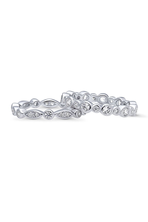 Sterling Silver Bubble Wedding Rings Bezel Set Round Cut Cubic Zirconia CZ Eternity Ring Set for Women, Rhodium Plated Size 4