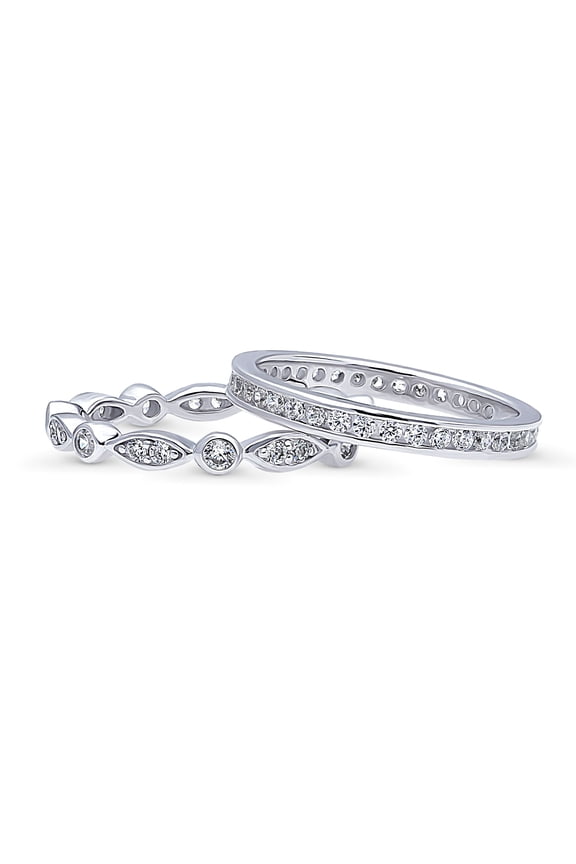Sterling Silver Bubble Wedding Rings Bezel Set Round Cut Cubic Zirconia CZ Eternity Ring Set for Women, Rhodium Plated Size 9