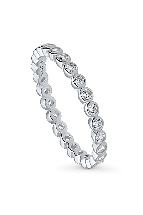 Sterling Silver Bubble Wedding Rings Bezel Set Round Cut Cubic Zirconia CZ Eternity Ring for Women, Rhodium Plated Size 7