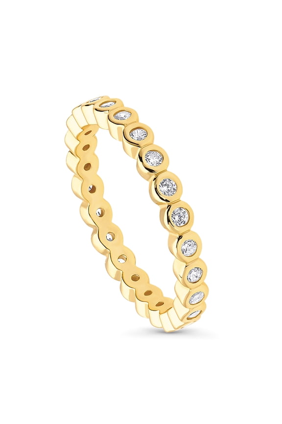 Sterling Silver Bubble Wedding Rings Bezel Set Round Cut Cubic Zirconia CZ Eternity Ring for Women, Yellow Gold Flashed Size 4