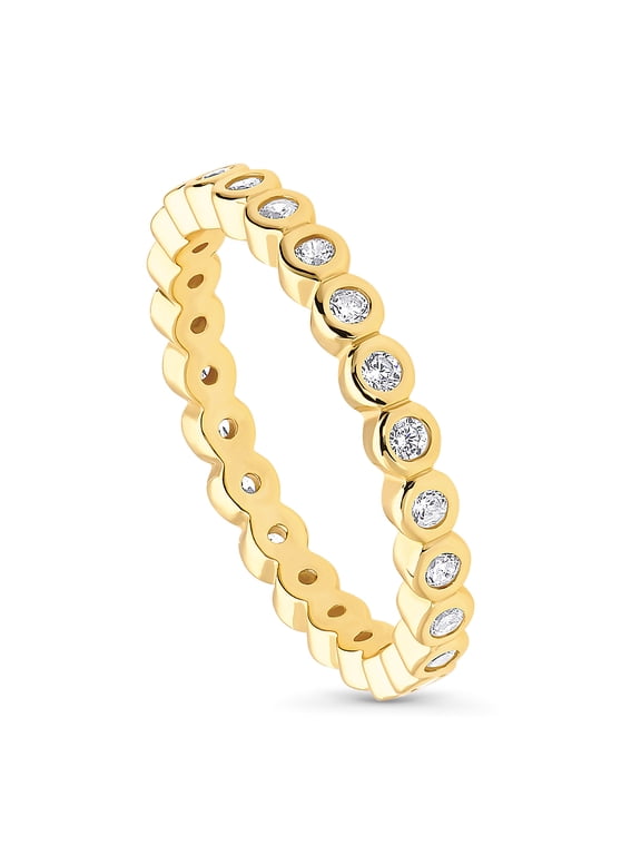 Sterling Silver Bubble Wedding Rings Bezel Set Round Cut Cubic Zirconia CZ Eternity Ring for Women, Yellow Gold Flashed Size 9