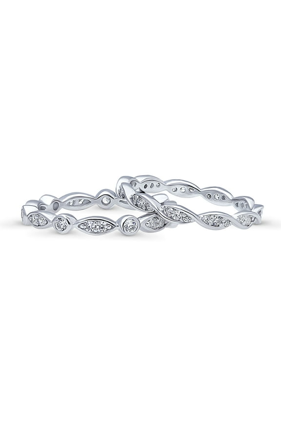 Sterling Silver Bubble Wedding Rings Bezel Set Round Cut Cubic Zirconia CZ Woven Eternity Ring Set for Women, Rhodium Plated Size 4