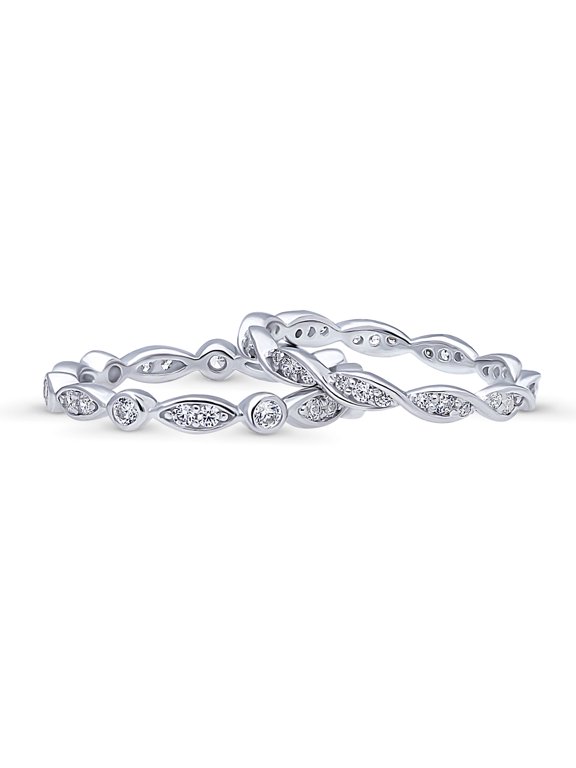Sterling Silver Bubble Wedding Rings Bezel Set Round Cut Cubic Zirconia CZ Woven Eternity Ring Set for Women, Rhodium Plated Size 5