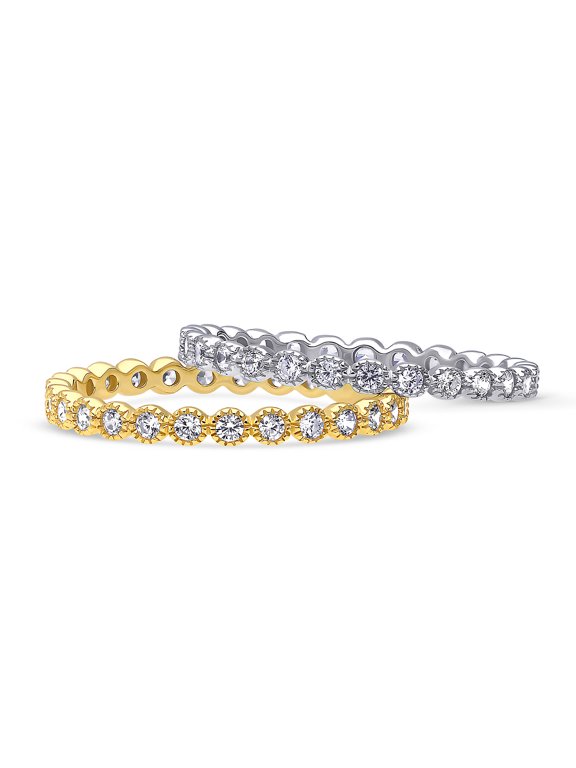 Sterling Silver Bubble Wedding Rings Milgrain Bezel Set Round Cut Cubic Zirconia CZ Milgrain Eternity Ring Set for Women, Rhodium Plated and Yellow Gold Flashed Size 9