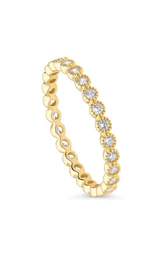 Sterling Silver Bubble Wedding Rings Milgrain Bezel Set Round Cut Cubic Zirconia CZ Milgrain Eternity Ring for Women, Yellow Gold Flashed Size 6