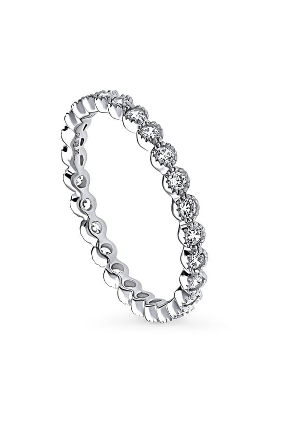 Sterling Silver Bubble Wedding Rings Milgrain Bezel Set Round Cut Cubic Zirconia CZ Milgrain Eternity Ring for Women, Rhodium Plated Size 6