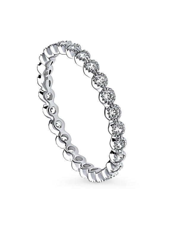 Sterling Silver Bubble Wedding Rings Milgrain Bezel Set Round Cut Cubic Zirconia CZ Milgrain Eternity Ring for Women, Rhodium Plated Size 8