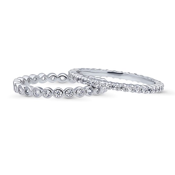 BERRICLE Sterling Silver Bubble Wedding Rings Pave Set Round Cut Cubic Zirconia CZ Eternity Ring Set for Women, Rhodium Plated Size 4