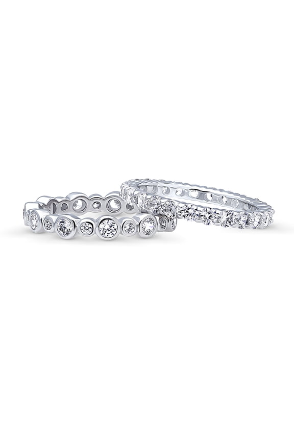 Sterling Silver Bubble Wedding Rings Pave Set Round Cut Cubic Zirconia CZ Eternity Ring Set for Women, Rhodium Plated Size 8