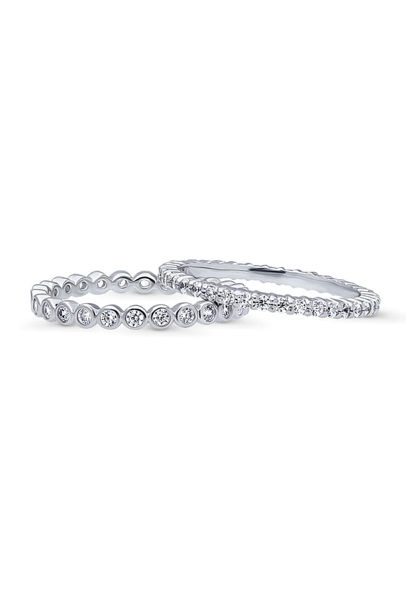 Sterling Silver Bubble Wedding Rings Pave Set Round Cut Cubic Zirconia CZ Eternity Ring Set for Women, Rhodium Plated Size 8
