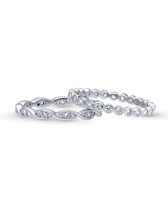 Sterling Silver Bubble Wedding Rings Pave Set Round Cut Cubic Zirconia CZ Woven Eternity Ring Set for Women, Rhodium Plated Size 5