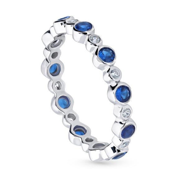 BERRICLE Sterling Silver Bubble Wedding Rings Simulated Blue Sapphire Bezel Set Round Cut Cubic Zirconia CZ Anniversary Eternity Ring for Women, Rhodium Plated Size 7