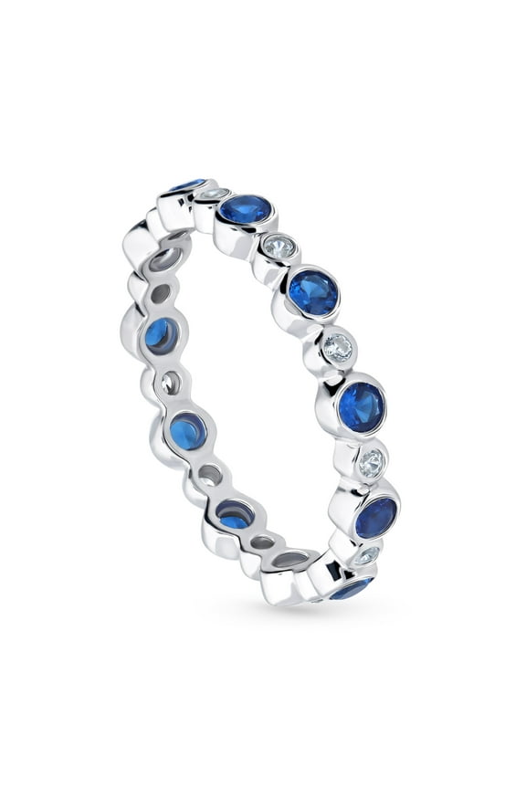 Sterling Silver Bubble Wedding Rings Simulated Blue Sapphire Bezel Set Round Cut Cubic Zirconia CZ Anniversary Eternity Ring for Women, Rhodium Plated Size 9