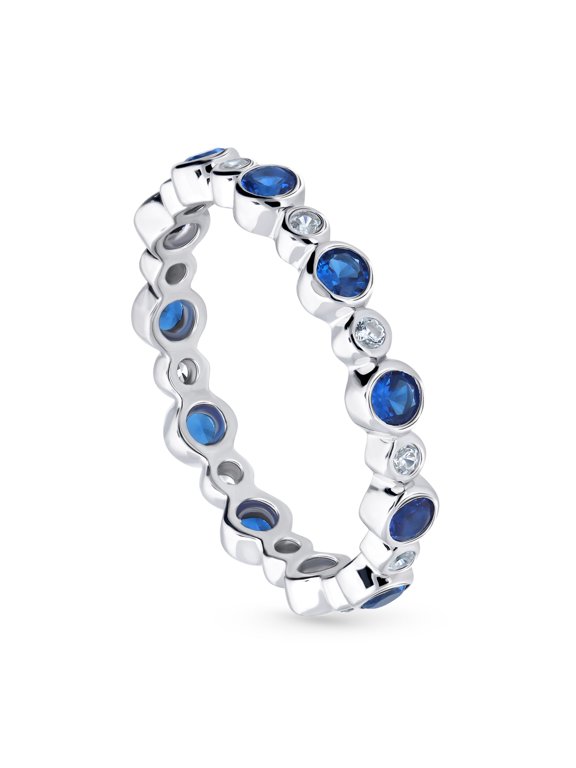 Sterling Silver Bubble Wedding Rings Simulated Blue Sapphire Bezel Set Round Cut Cubic Zirconia CZ Anniversary Eternity Ring for Women, Rhodium Plated Size 10