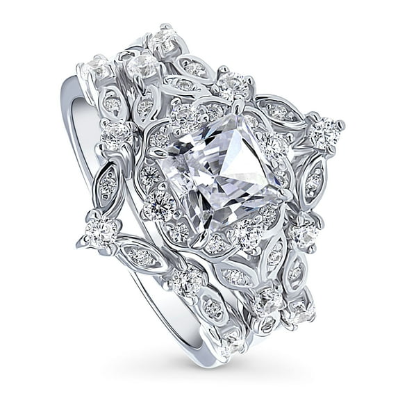 BERRICLE Sterling Silver Halo Wedding Engagement Rings Princess Cut Cubic Zirconia CZ Wishbone Ring Set for Women, Rhodium Plated Size 6