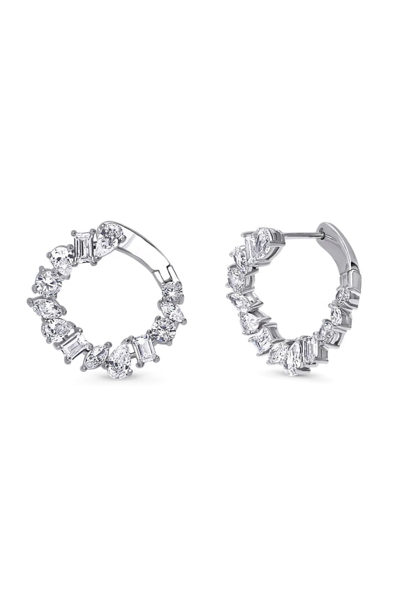 Sterling Silver Cluster Cubic Zirconia CZ Open Circle Medium Fashion Hoop Earrings for Women, Rhodium Plated 0.8 inch